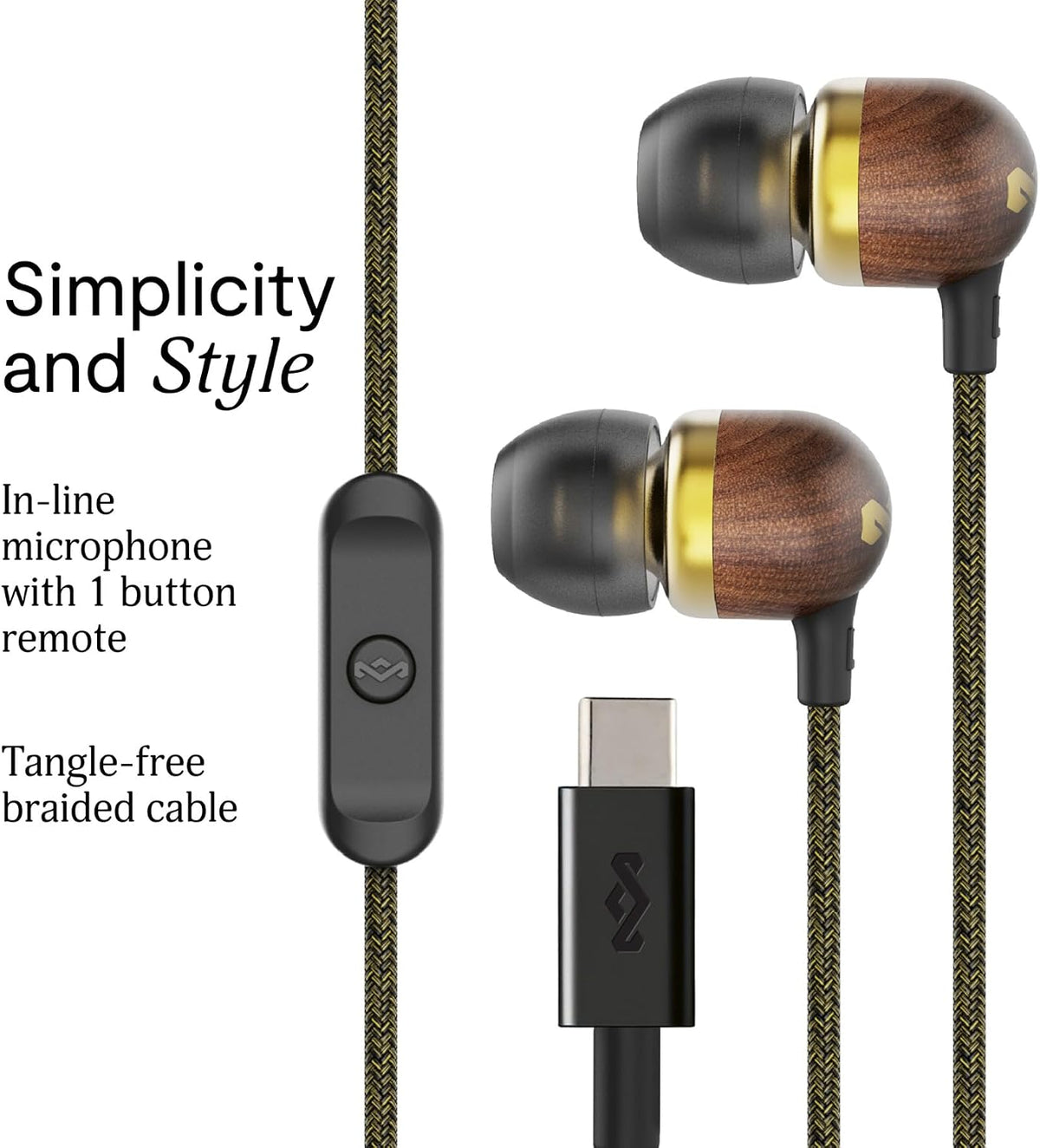 House of  Smile Jamaica USB-C Wired Earbuds with Microphone, In-Ear Headphones, 9.2Mm Driver, Tangle-Resistant Cable, Plug-And-Play Earphones for Smartphones, Tablets & Laptops (Brass)